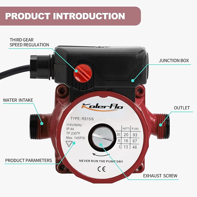 3/4 Inch Hot Water Circulating Pump 3-Speed Circulation Water Pump for Solar Heater System(RS15-6 Red)
