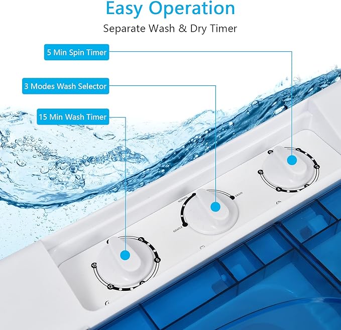 COSTWAY Portable Washing Machine Twin Tub 26 Lbs Capacity, 18 Lbs 8 Lbs Spinner, Compact Control Knobs Timer Function, Drain Pump, Laundry washer, for Apartment RV, Blue