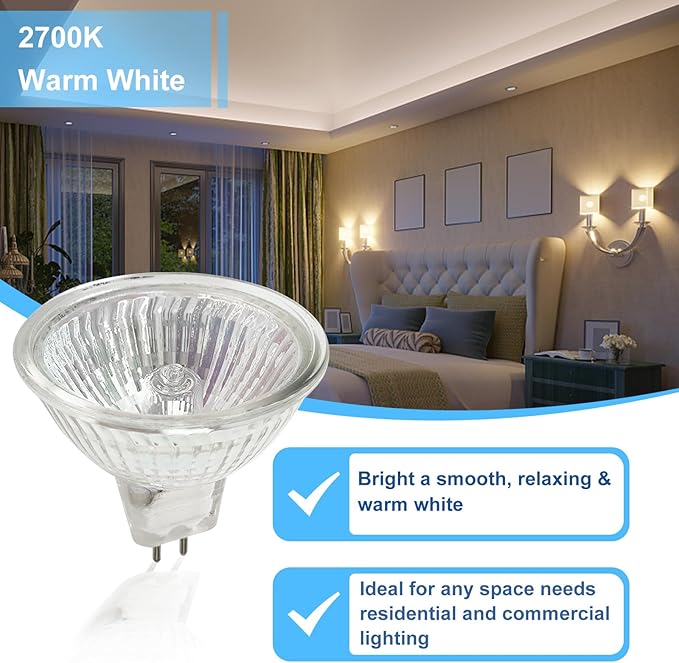 MR16 Halogen Light Bulb 2 pin 35W 12V, GU5.3 Base for Landscape Lights, Track Lights, Fiber Optics, Desk Lamps, 2700K Warm White Dimmable, 6 Pack
