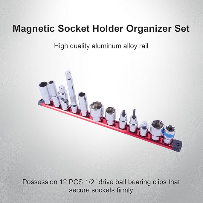 Magnetic Socket Holder Organizer Set:1/2-Inch Drive Socket Trays Socket, 360° Swivel 12 Clips Socket Holder Kit, For Automotive Mechanic Garage (Red)