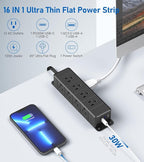30W USB C Power Strip Surge Protector,4 Side 12 Outlets Desk Power Strip with Ultra Thin Flat Plug,PD Fast Charing,2 USB-C,2 USB-A(4 USB Total 40W),10ft Flat Extension Cord with Multiple Outlets,1200J