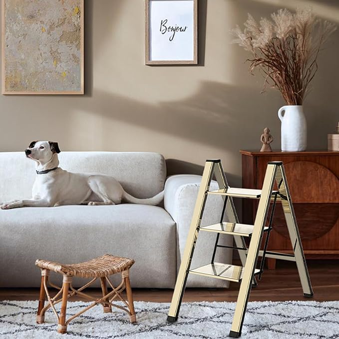 3 Step Lightweight Folding Ladder for Home, 330lbs Aluminum Step Ladder Anti-Slip for Kitchen, Step Stool Foldable Adults for Closet, 330lbs - Champagne Gold