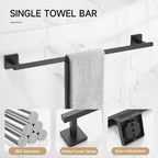 TQKAG Matte Black Bathroom Hardware Accessories Set 10 Pieces, 23.6" SUS304 Stainless Steel Towel Bar Set Wall Mounted Includes Single Towel Bar, Towel Ring, Toilet Paper Holder, Double Towel Hooks