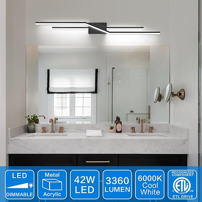 SOLFART Bathroom Vanity Light Dimmable Modern Matte Black Bathroom Light Fixtures Over Mirror 48 Inch LED Lights