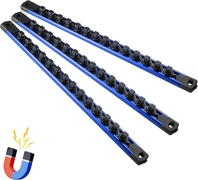 Magnetic Socket Organizer, 3-Piece Heavty Duty Aluminum Socket Holder, Socket Rail for Tool Box, Premium Quality 360° Swivel Socket Rack with 42 Clips for 3/8-Inch(Blue)