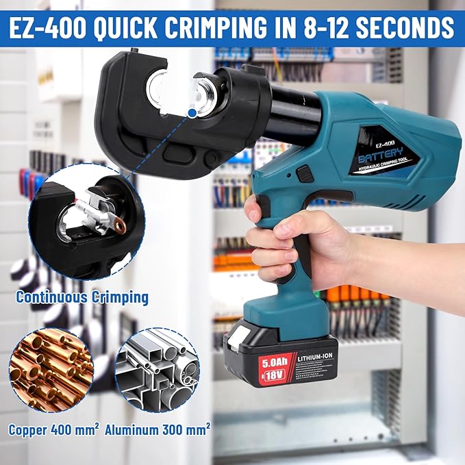 Electric Hydraulic Crimping Tool, 12Ton 6AWG-800MCM Rechargeable Hydraulic Cable Lug Crimper for Cu/Al Terminal, Continuously Crimp Wire Crimping Tool Kit with 12 Dies
