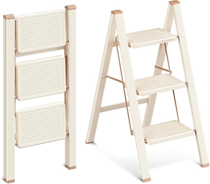 GameGem 3 Step Ladder, 3 Step Stool for Adults, Folding Step Ladder with Secure Footing, Widened Pedal, Aesthetically Pleasing Looking, Blends Right into Domestic Rooms, Cream Chocolate