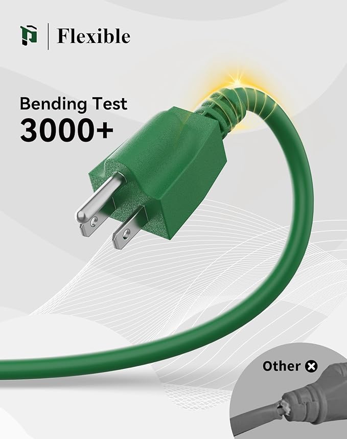 PLUGTUL 10FT Outdoor Extension Cord with Multiple Outlets, 14 Gauge, 3-Outlet, SJTW, 15A 14AWG 1875W SJTW, ETL Listed - Great for Christmas Decoration Lights, Green