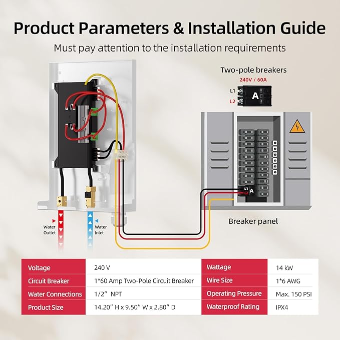14kW Tankless Water Heater Electric, MIZUDO 240 Volt Instant Hot Water Heater, Up to 3.4 GPM for 2-3 Point of Use, with LED Digital Display, ETL Certified