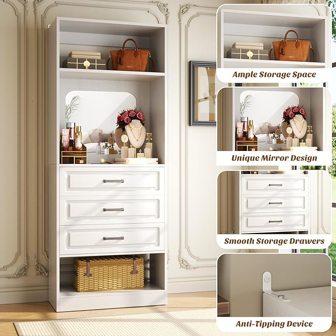 Unikito 25”Freestanding Closet System with 3 Drawers, Closets Organizer Wardrobe with Storage Shelves and Mirror, Sturdy Wood Walk-in Closet Systems for Small Closets, 25" W x 16" D x 80" H, White