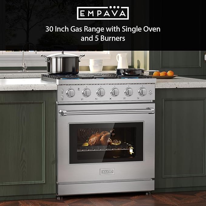 Empava 30 Inch Gas Range with True Convection, 4.55 Cu. Ft Oven, 18,000 BTU Power Burner for Searing, 5 Sealed Burners Cooktop, Convertible NG/LP, Stainless Steel, CSA Certified