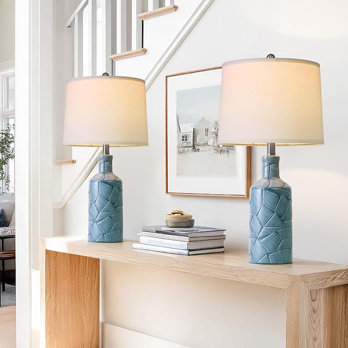 PoKat 26'' Farmhouse Ceramic Table Lamps Set of 2, Blue Bedside Lamps for Living Room, Nightstand Lamps for Bedroom Night Stands, Bedroom Lamps for Side Table End Table Hallway, Blue