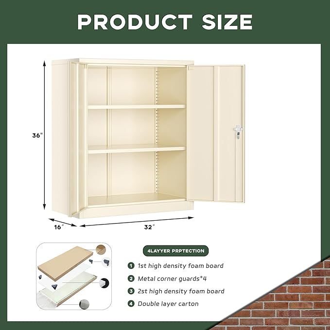 Greenvelly Metal Storage Cabinet, 36" Locking Storage Cabinet with Doors and Shelves, Lockable Storage Cabinets for Home Office, Utility Locker Cabinet, Steel Garage Cabinet with 2 Keys, Gray