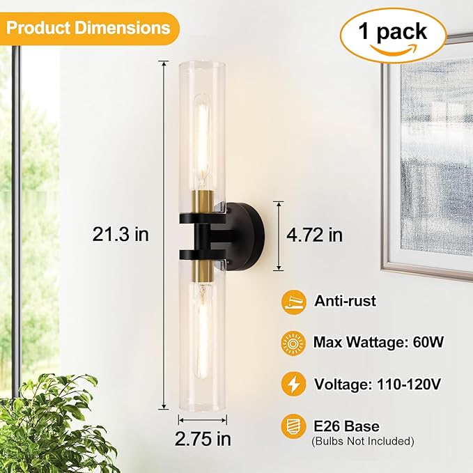 Black and Gold Wall Sconce, Bathroom Sconces Wall Lighting with Clear Glass, Modern Sconces Wall Light fixtures for Bathroom Mirror Living Room Hallway Bedroom