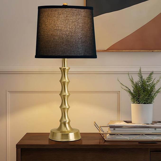 Set of 2 Gold Table Lamps, 24" Electroplated Gold Bamboo Base with White Linen Shade, Modern Nightstand Lamps for Bedroom, Living Room, Guest Room Decor