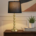 Set of 2 Gold Table Lamps, 24" Electroplated Gold Bamboo Base with White Linen Shade, Modern Nightstand Lamps for Bedroom, Living Room, Guest Room Decor