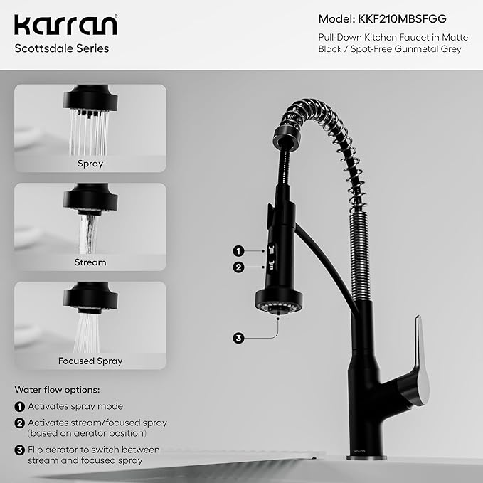 Karran Scottsdale Commercial Style Pull-Down Kitchen Faucet with Sprayer, Matte Black and Spot-Free Gunmetal Grey, High Arc Single Handle Pre-Rinse Spring Faucet