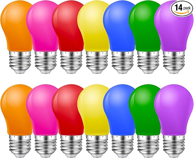 Colored Light Bulbs,2W E26 Color LED Lights Bulb,Small E26 Colored Bulbs for Outdoor Indoor,Multicolor,Red Yellow Blue Green Orange Pink Purple,for Halloween Party Christmas Bedroom,Pack of 14