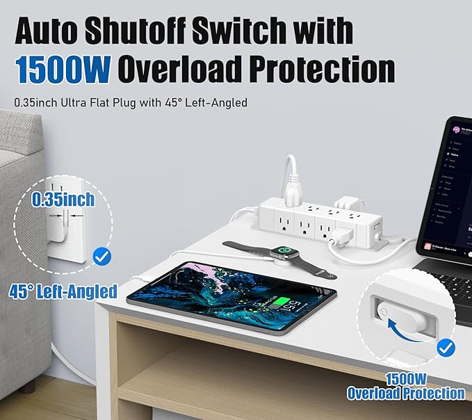 ANNQUAN 40W Fast Charging Under Desk Power Strip,12 Outlet Mountable Power Strip with 4 USB,1200J Surge Protection,6FT Flat Extension Cord