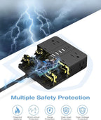 15FT Surge Protector Power Strip,12 AC Outlets with 6 USB Ports (2 USB-C), Flat Plug Extension Cord with Multiple Outlets, Wall Mount for Home Office,Dorm, Black