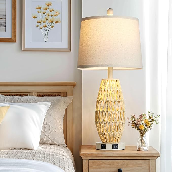 27“ Beige Rattan Table Lamps with Night Light, Boho Bedside Lamps Set of 2, Woven Wicker Bedroom Lamp for Nightstand with USB A+C Charging Port & AC Outlet, Tall Coastal Living Room Lamp