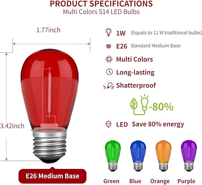 S14 Colored LED String Light Bulbs, 15 Pack 1 Watt Plastic Shatterproof LED Replacement Bulbs for Indoor Outdoor String Light, E26 Medium Base, Multi-Color: Red/Green/Blue/Purple/Orange