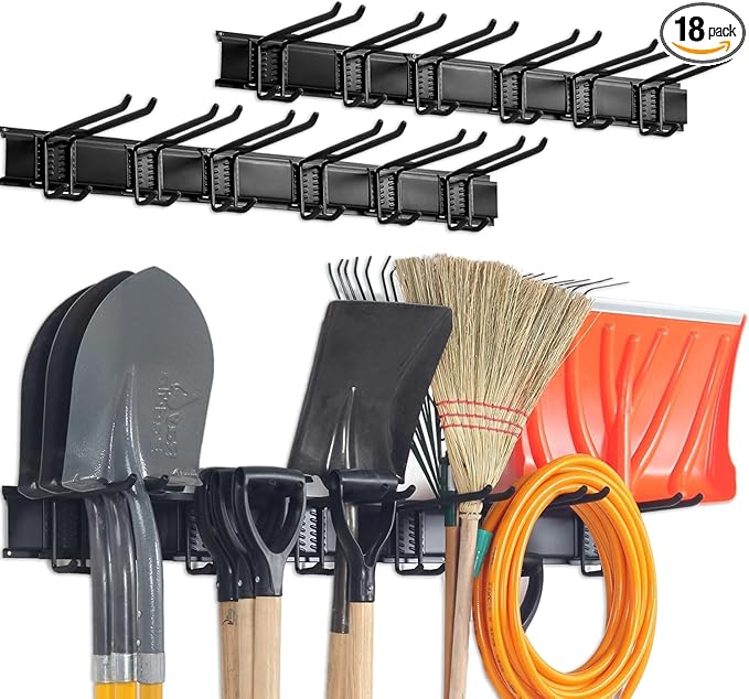 Wall Mount Tool Storage Rack, Garage Organization, Heavy Duty Garage Storage Tool Organizer, Garden Tool Wall Hooks and Hangers, Hold Up to 350lbs Black 2Pack