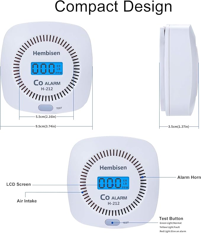3 Packs Carbon Monoxide Detectors - Hembisen CO Alarm Detector Monitor Battery Operated with Digital Display for House Kitchen Restaurant Hotel Office