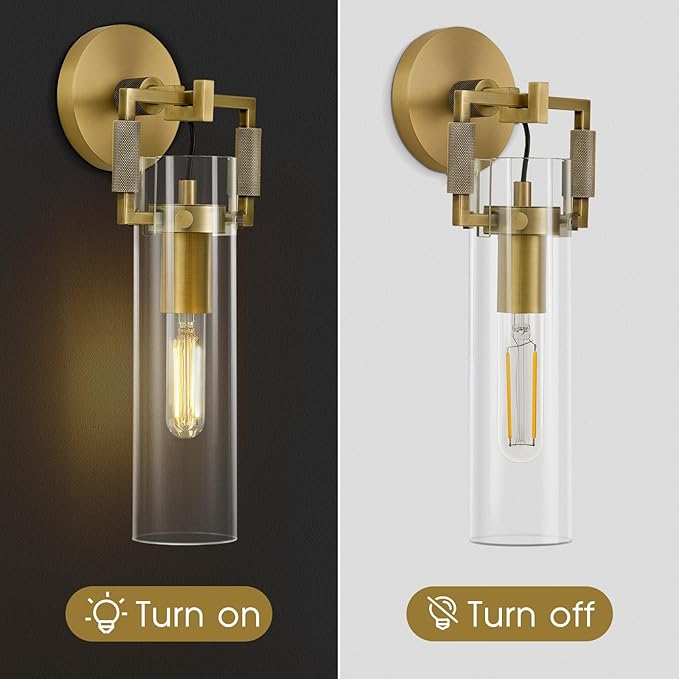 Modern Gold Indoor Wall Sconces Set of 2, 15'' knurled Brass Bathroom Wall Sconces, Glass Bathroom Vanity Light, for Living Room, Bedrooms, Hallway, Staircases, Include Bulb