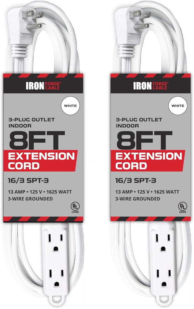 Iron Forge Cable 2 Pack 8 ft Flat Plug White Extension Cord with 3 Outlets - 16/3 SJTW 3 Prong Indoor Extension Cord with Multiple Outlets