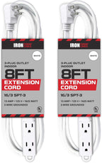 Iron Forge Cable 2 Pack 8 ft Flat Plug White Extension Cord with 3 Outlets - 16/3 SJTW 3 Prong Indoor Extension Cord with Multiple Outlets
