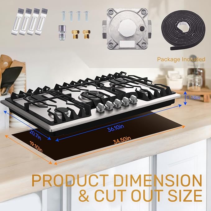 36 Inch Gas Cooktop, Propane Stove Top with 5 ITALY SABAF Sealed Burners 41,800BTU, NG/LPG Convertible Built-in Stainless Steel Stovetop with Thermocouple Protection for Rvs Kitchen Outdoor