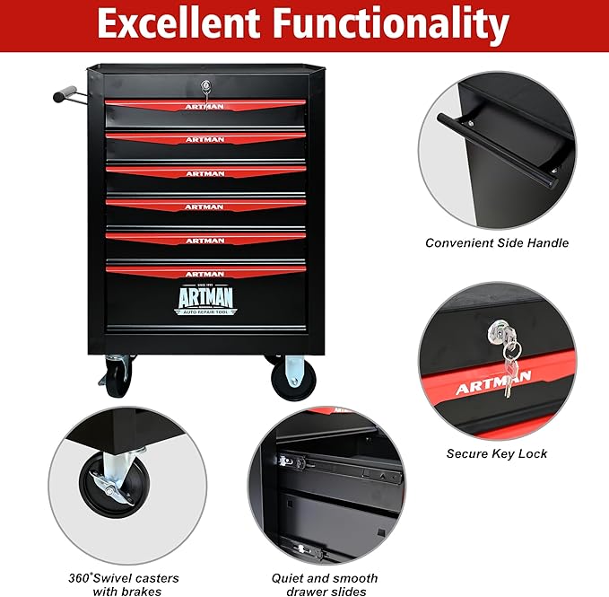 6 Drawers Rolling Tool Box on Wheels, Multifunctional Tool Chest Cabinet with Lock, Drawers Rolling Tool Cart Trolley Organizer Tool Storage Case for Warehouse,Garage,Workshop (Black&Red)