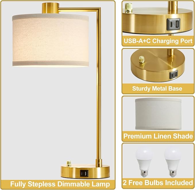 Luvkczc Table Lamp for Bedroom Set of 2 with USB C+A Ports, Fully Stepless Dimmable Bedside Lamp with Linen Lampshade, Nightstand Lamp for Living Room Reading Office, 2 LED Bulbs Included (Gold)