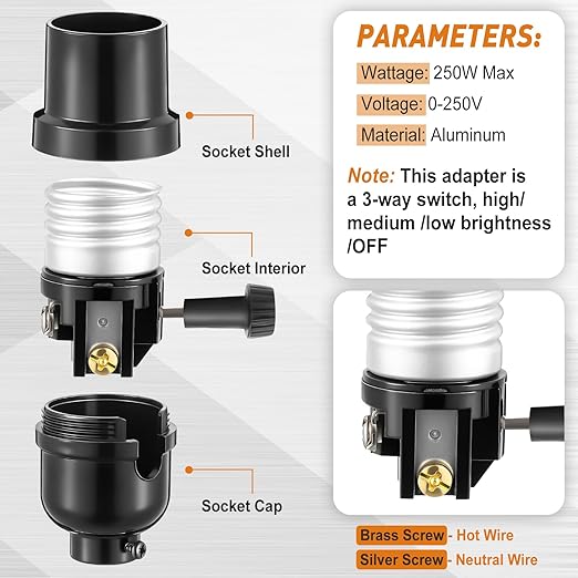 6 Pcs 3 Way Lamp Socket Replacement, UL Listed, E26 Medium Base, Turn Switch Knob for Low-Medium-High Light Settings Light Socket Lamp Parts for Repair Table and Floor Lamps DIY Project, Black