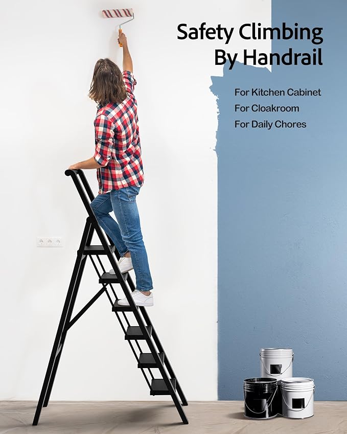 6 Step Ladder, Lightweight Folding Step Stool with Convenient Handgrip,Aluminum 330lbs Capacity Step Ladder for Office,Household,Kitchen(Black)