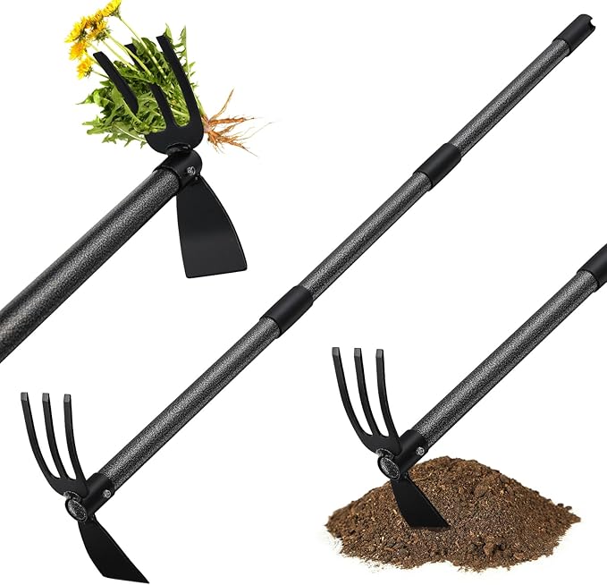 Hoe Garden Tool,45 Inch Long Garden Hoe and Cultivator, Garden Hand Tiller with Long Handle,Heavy Duty Garden Tools Hoe Cultivator for Gardening,Weeding, Tilling,Lossening Soil,Planting