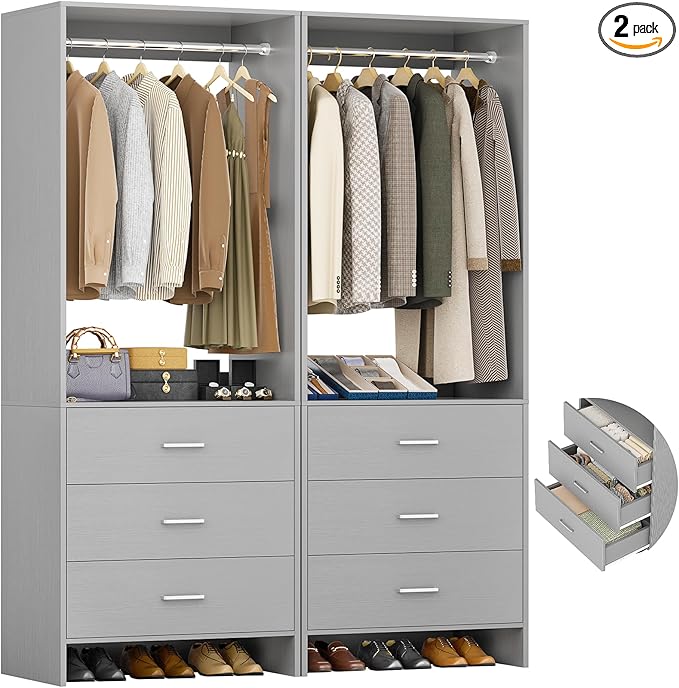 Aheaplus Closet System Closet Organizer, Wood Closet Organizer System, Walk-in Closet or Small Closets Wardrobe, Clothes Rack with Hanging Rods, 4FT Closets, Set of 2, , Grey