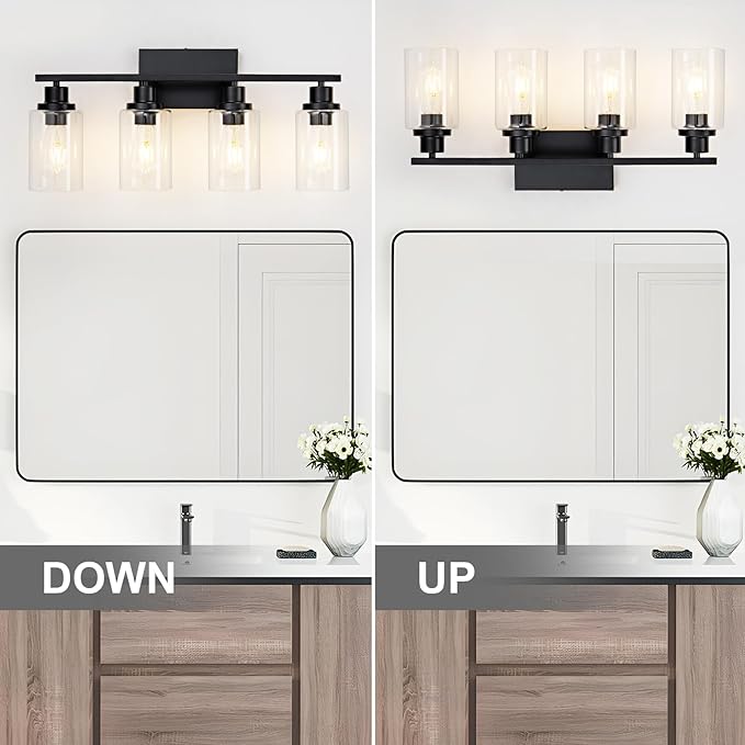 4 Light Black Bathroom Vanity Light Fixture Over Mirror Modern Farmhouse Wall Lighting Sconces Industrial Wall Lamp for Bathroom Bedroom Living Room E26 Socket with Glass Shade
