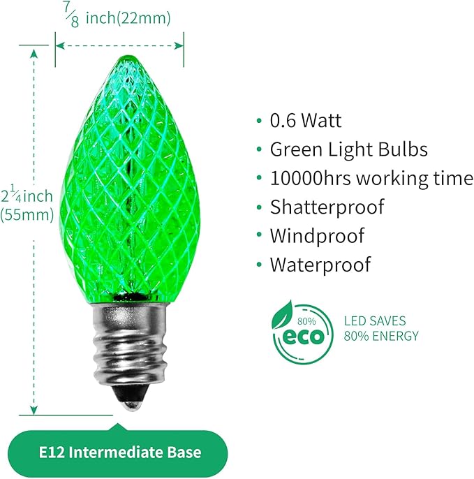 Meconard C7 Led Replacement Christmas Light Bulbs, C7 Shatterproof Led Bulbs for Christmas Indoor Outdoor String Lights, E12 Candelabra Base, Commercial Grade Holiday Light Bulbs, Green, 25 Pack