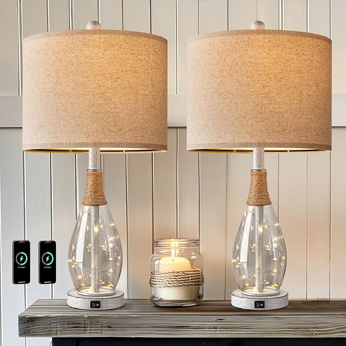 OYEARS 23" Table Lamps for Living Room Set of 2 Bedside Lamps for Night Stands Bedroom Lamps Farmhouse Rattan Boho Lamp Glass Nightlight End Table Lamp with USB C+A (White),Two Light Points