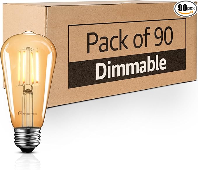 MASTERY MART 90 Pack Dimmable Vintage E26 LED Light Bulb, 2200K Warm White 5.5W (60 Watt Equivalent), Glass ST21 Antique Edison Style, 500LM, Decorative Filament Bulb, UL and Energy Star