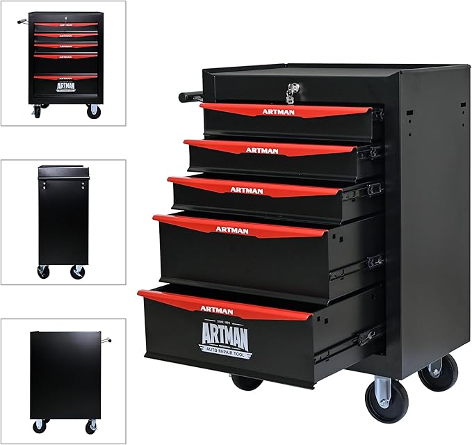5-Drawer Steel Rolling Tool Cart with Wheels & Handle, Heavy-Duty Tool Chest Storage Cabinet for Garage and Workshop