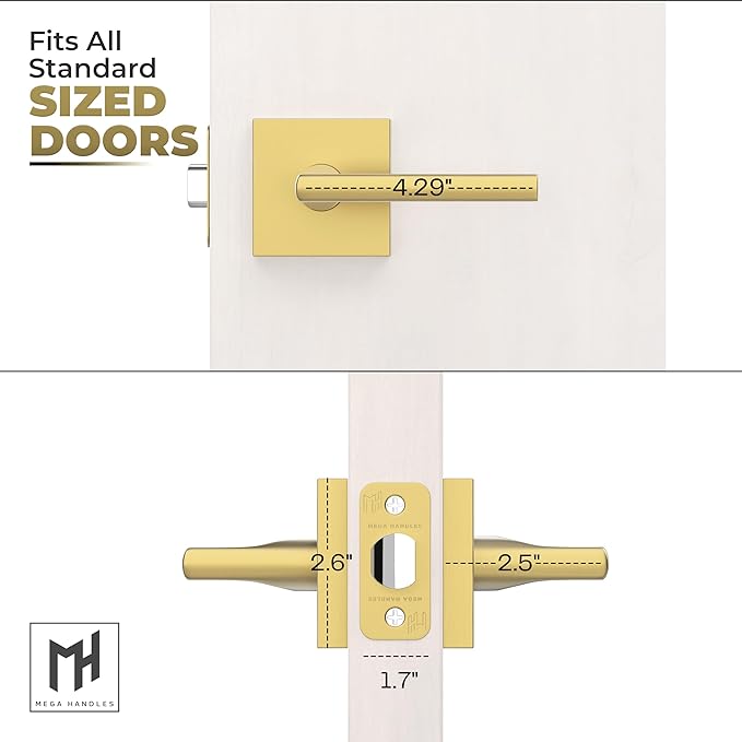 Mega Handles Prime Passage Lever Door Handle for Hallway, Closet and Bathroom, Reversible Design Door Levers, Fits All Standard Door Sizes, Covered Screws Included - Satin Brass (1 Pack) 4.29"