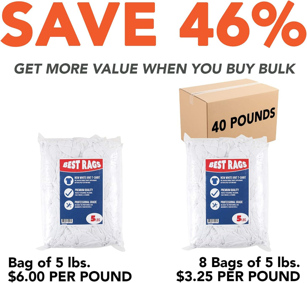 Arkwright W43 Cotton Tshirt Rags - 5 lb Bag - (Pack of 8) Soft Lint Free Cloths for Cleaning, Streak & Scratch-Free, Professional Grade Bulk Wiping Towels for Polishing, Painting, and Staining, White