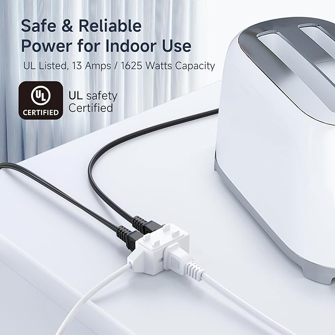 [UL Listed] Cable Matters 2-Pack 16 AWG 2 Prong Short Extension Cord 3 ft, 13A 3-Outlet Extension Cords with Tamper Guard, 13 Amp, 1625 Watts, White