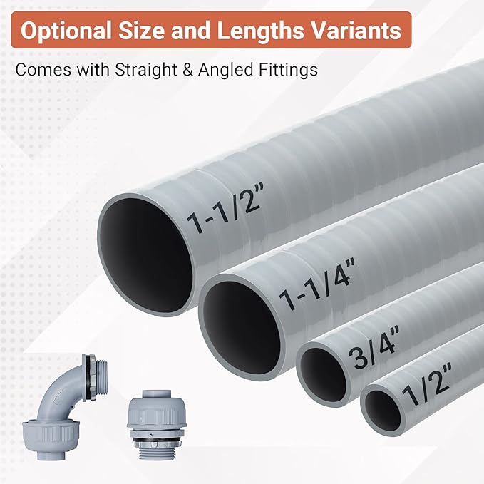 Liquid-Tight Conduit 3/4 50ft, Electrical Conduit w/UL Certification, Flexible Conduit with 5 Straight and 5 90-Degree Conduit Connector Fittings