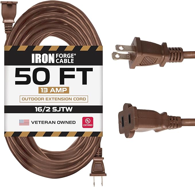Iron Forge Cable 2 Prong Outdoor Extension Cord 50 ft, 16/2 SJTW 50 Foot Brown Extension Cord, Weatherproof - Great for Outdoor Lights, Deck, Patio
