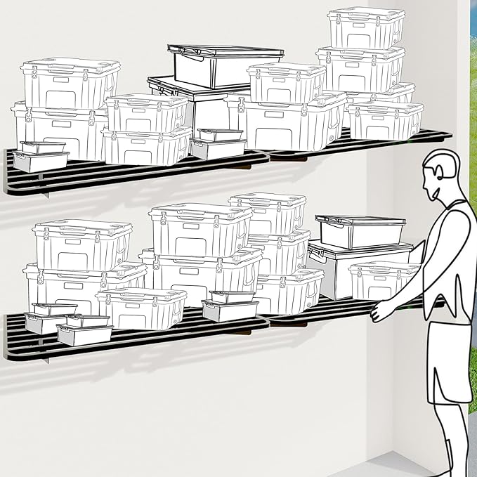 4-Pack 2x4ft Garage Shelving Wall Mounted, 4 ShelfTotal 16 ft(L) Garage Wall Storage, Heavy-Duty Storage Shelves, perfect for holding storage bins, boxes, sporting goods, tools, and more. Space-Saving