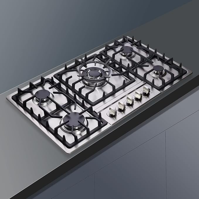 34 Inch Gas Cooktop Stainless Steel Built-in 5 Burners Gas Stovetop LPG/NG Convertible Gas Stove Top Dual Fuel Gas Hob DM5808